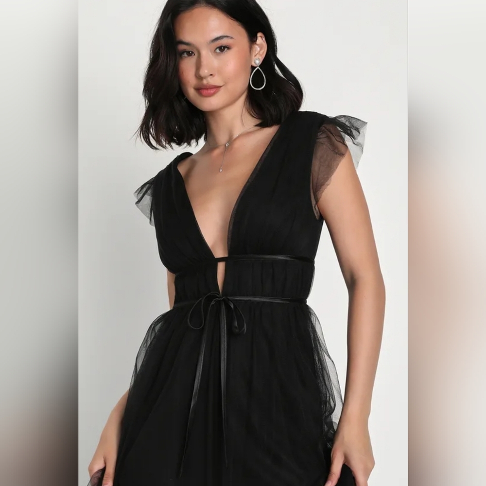 Lulu's - I'm All Yours Black Tulle Ruffled Maxi Dress